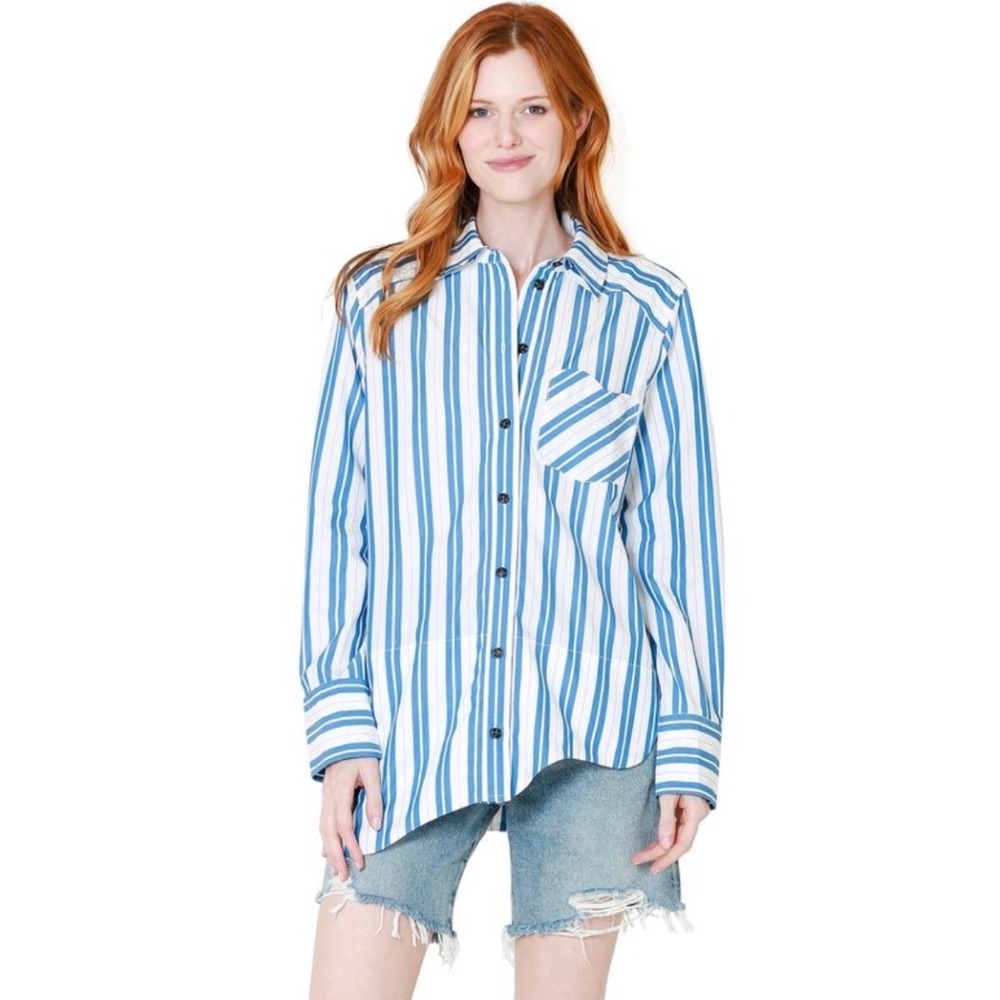 Ganni Asymmetrical Striped Shirt Women 38 Blue White Organic Cotton Button Down